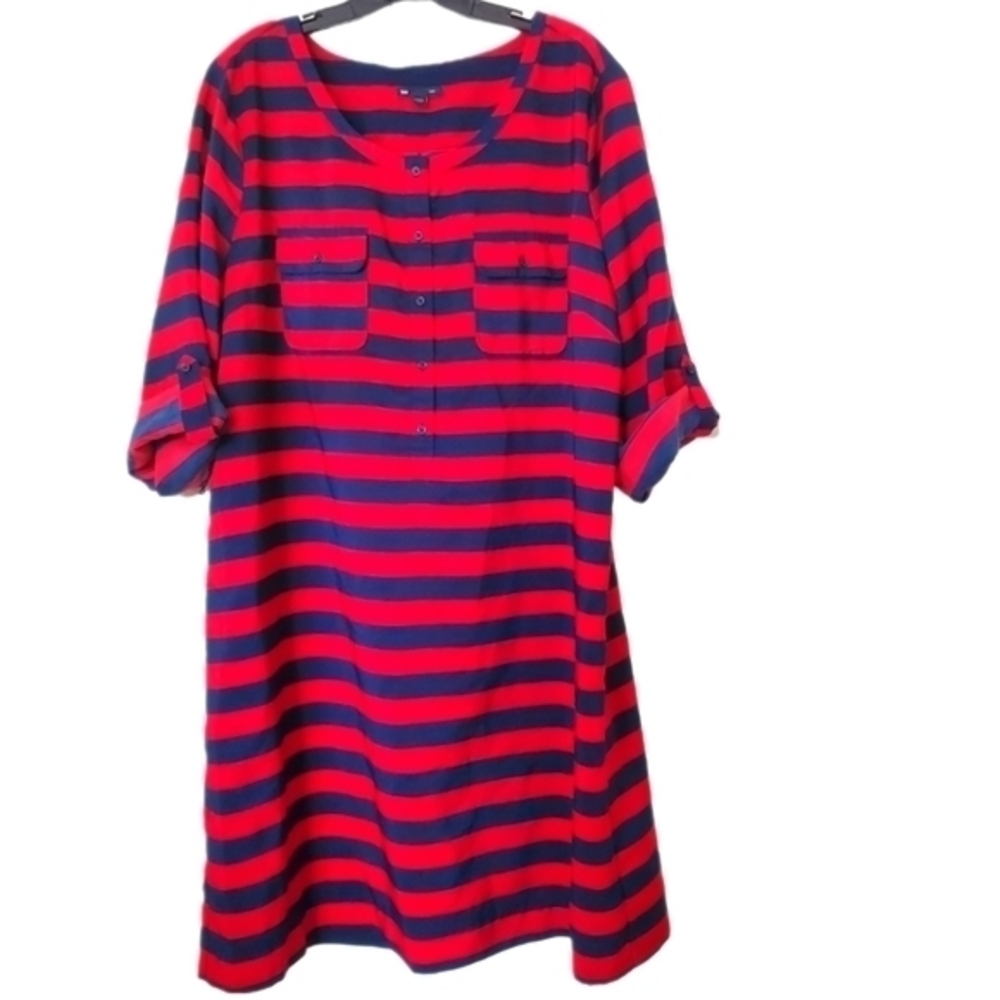 GAP Women's Navy & Red Varsity Rugby Stripe Shirt Dress with 3/4 Sleeves